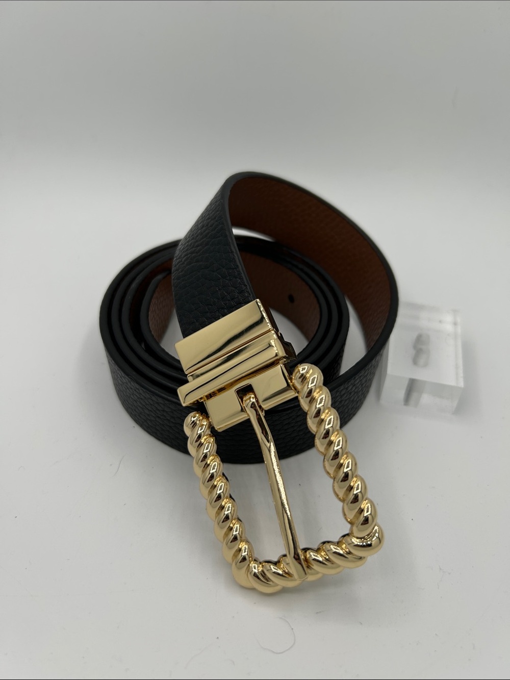 Black and Brown reversible belt with Gold Twisted Buckle